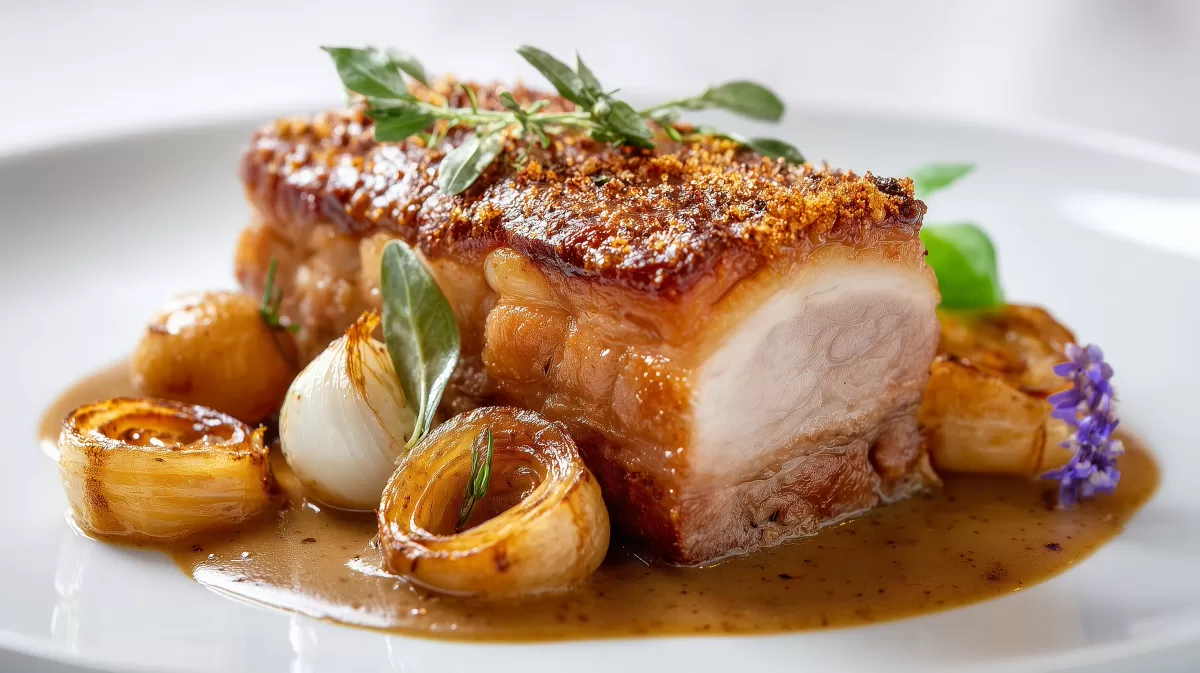 Einfacher Schweinebraten mit Zwiebeln und Soße