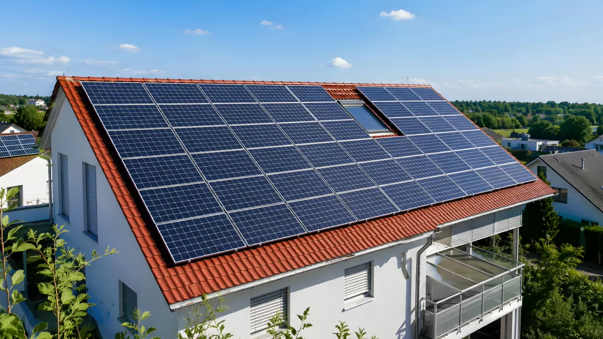 Einfamilienhaus mit Solaranlage auf rotem Ziegeldach