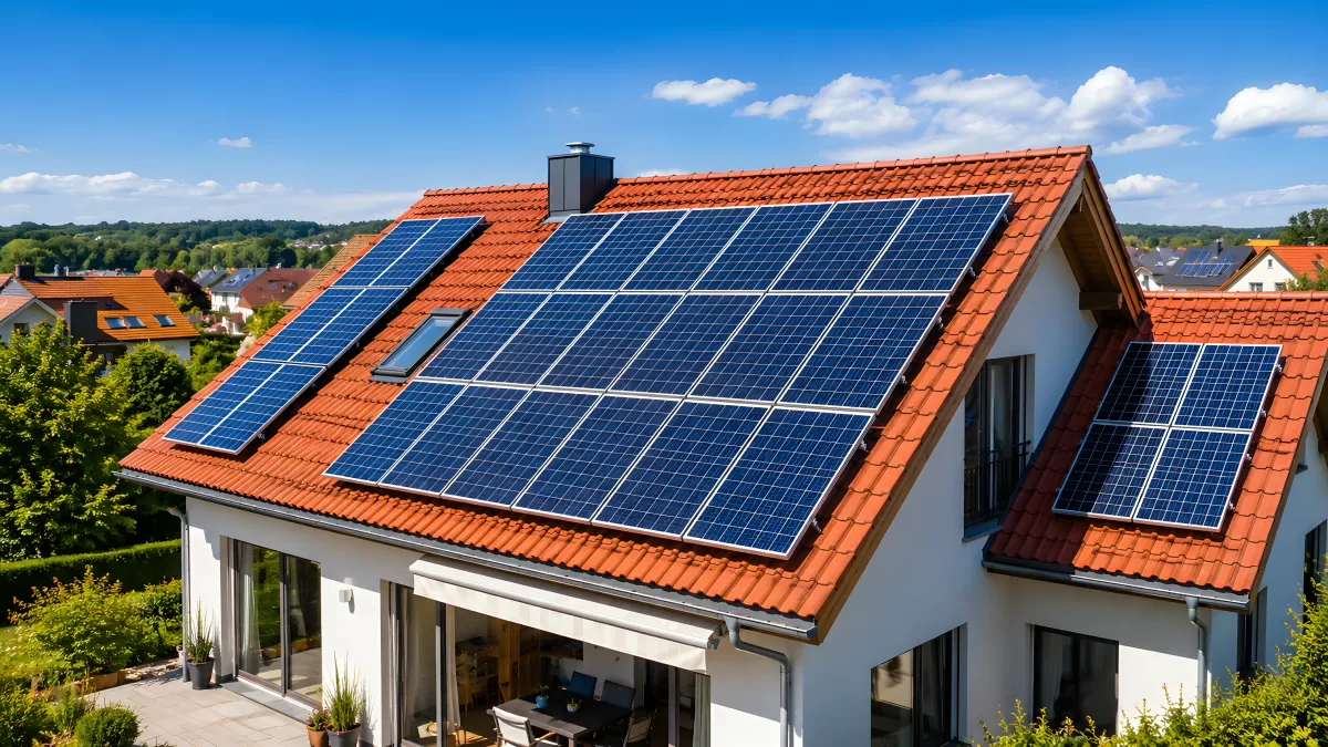 Einfamilienhaus mit Solaranlage auf Ziegeldach