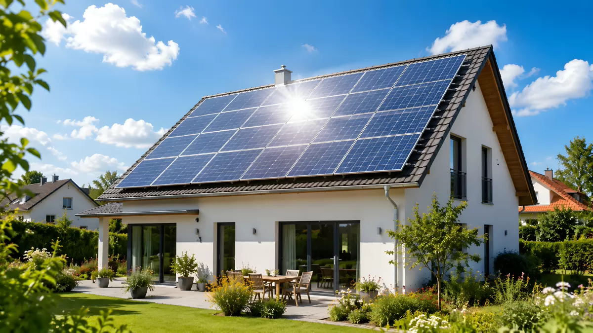 Einfamilienhaus mit Solaranlage im sonnigen Garten