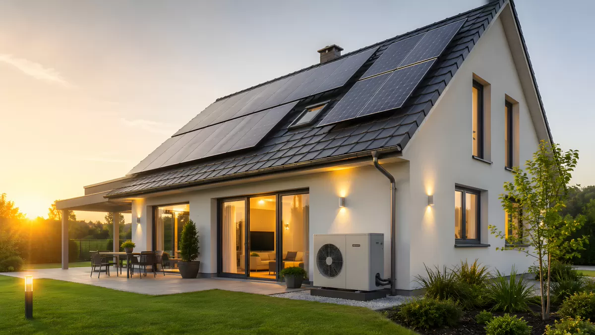 Einfamilienhaus mit Solaranlage und Wärmepumpe im Abendlicht