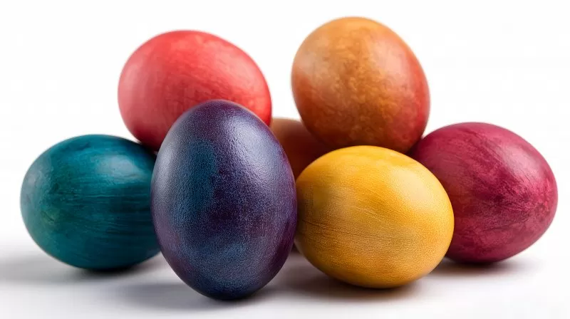 Einfarbige Ostereier in kräftigen Farben auf weißem Hintergrund