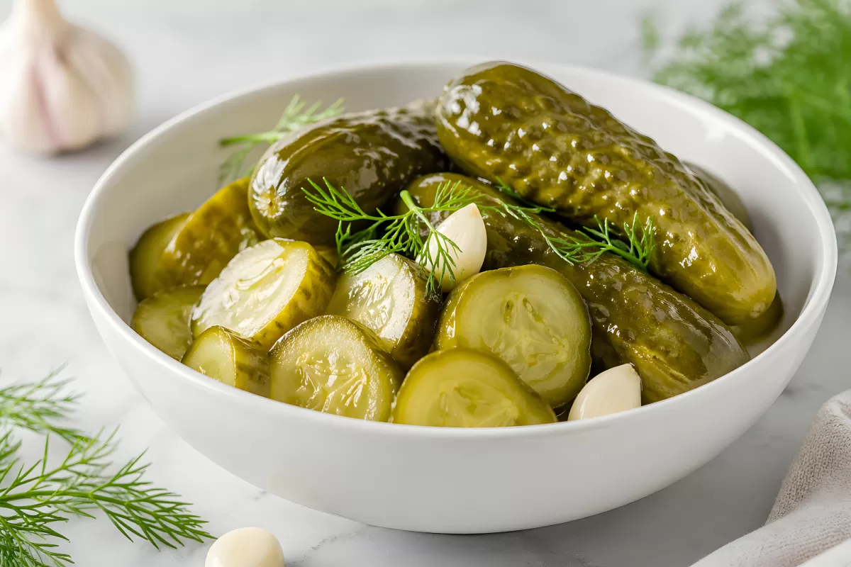 Eingelegte Gurken mit Dill und Knoblauch in weißer Schüssel
