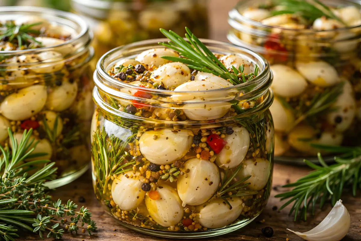 Eingelegte Oliven und Pilze in Gläsern