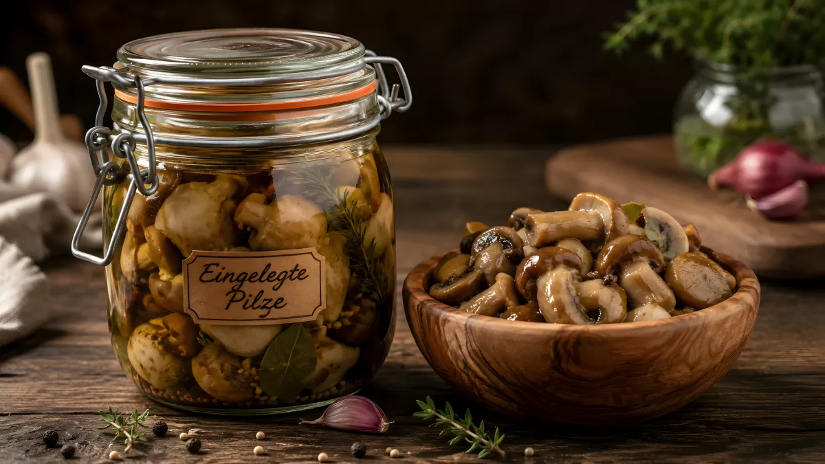 Eingelegte Pilze im Einmachglas mit Holzschüssel