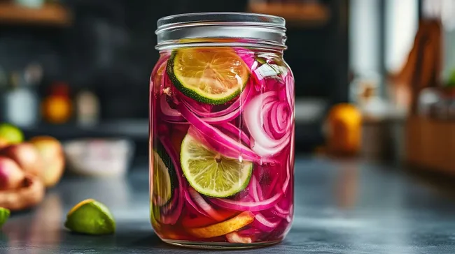 Eingelegte Zwiebeln und Limetten in rustikaler Glasflasche