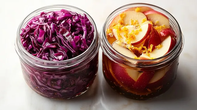 Eingelegter Rotkohl und Apfel in Gläsern