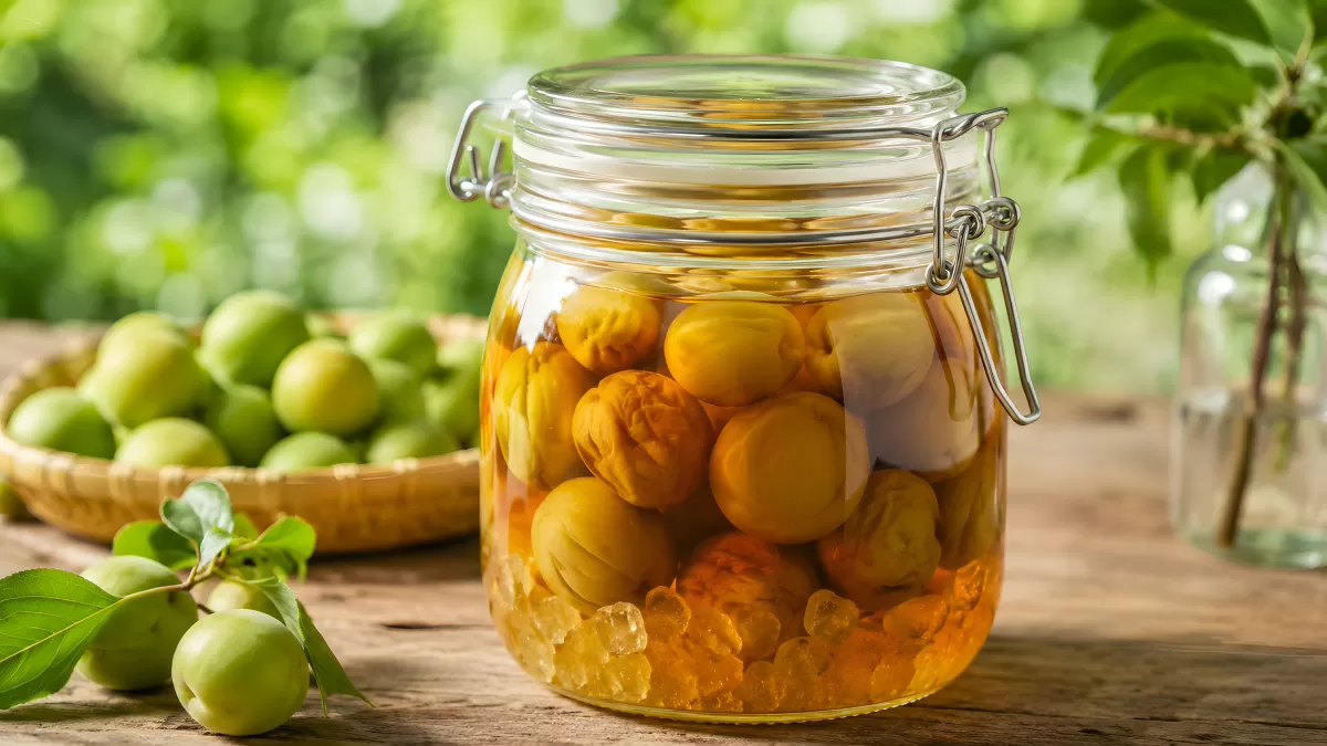 Eingemachte Pflaumen im Glas mit Zuckersirup