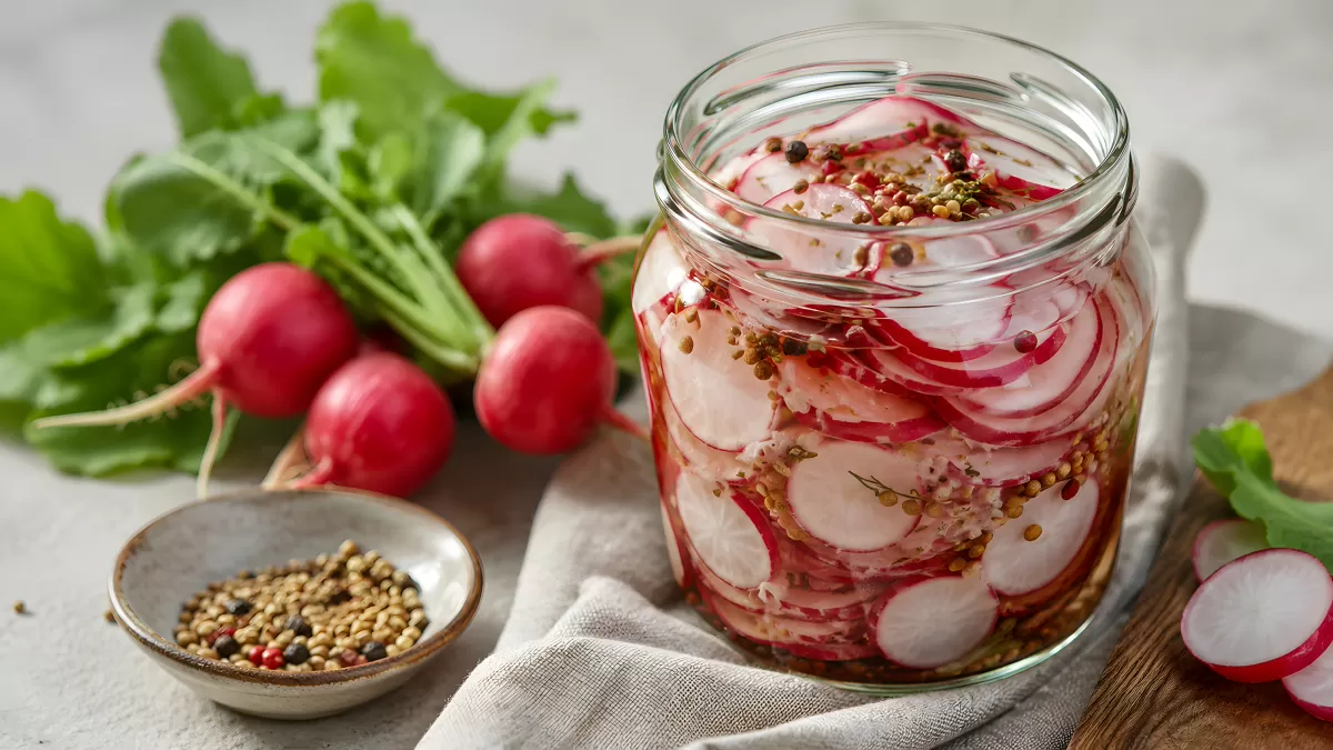 Eingemachte Radieschen im Glas mit Gewürzen