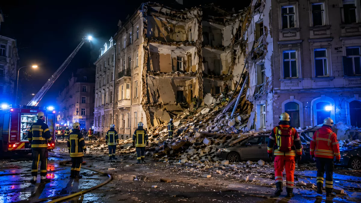 Eingestürztes Gebäude mit Feuerwehreinsatz bei Nacht
