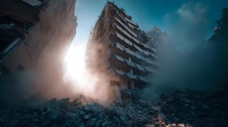 Eingestürztes Hochhaus mit Rauch nach Erdbeben