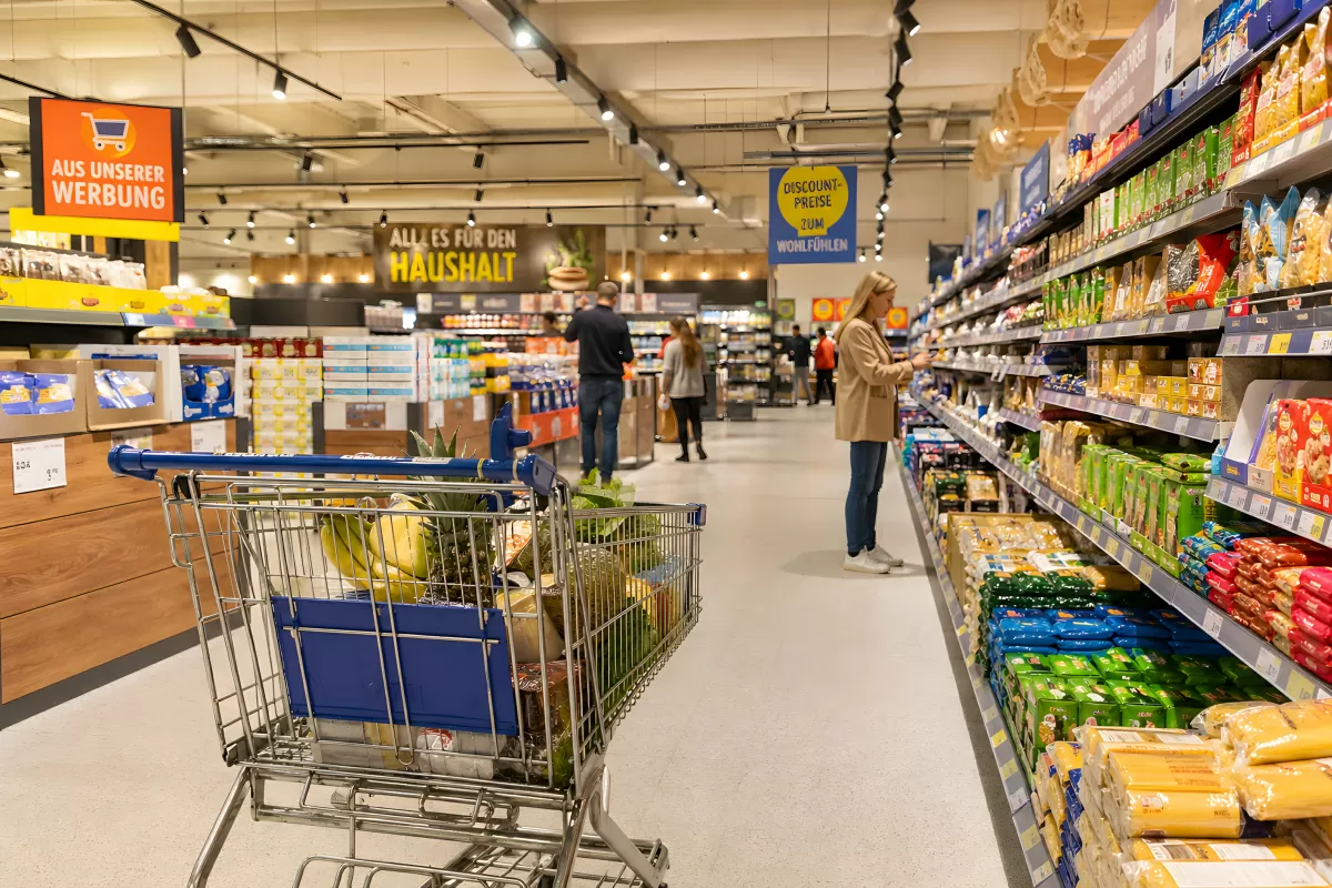 Einkaufen im deutschen Supermarkt mit vollem Einkaufswagen
