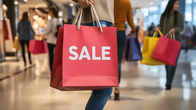 Einkaufstasche mit Sonderverkaufs-Beschriftung im Einkaufszentrum