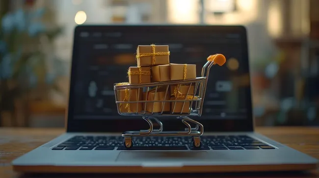 Einkaufstrolley mit Geschenken auf Laptop-Tastatur