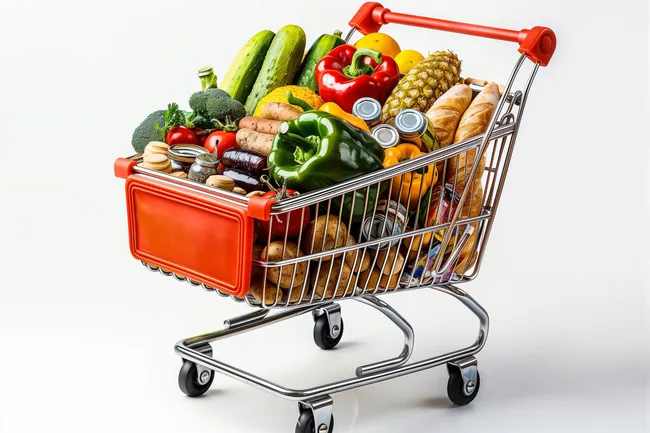 Einkaufswagen gefüllt mit frischem Obst und Gemüse