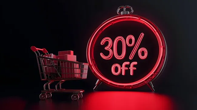 Einkaufswagen mit 30% Rabattschild und Geschenkboxen