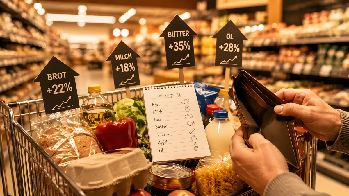 Inflation: Einkaufswagen mit Preisanstieg-Schildern im Supermarkt