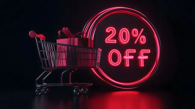 Einkaufswagen mit Rabattschild und Geschenken