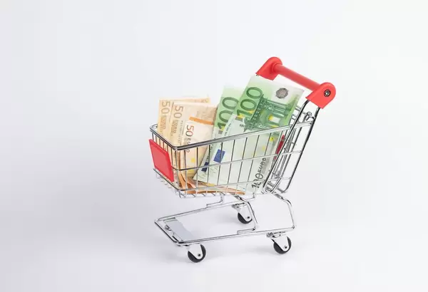 Einkaufswagen mit verschiedenen Euro-Banknoten vor weißem Hintergrund