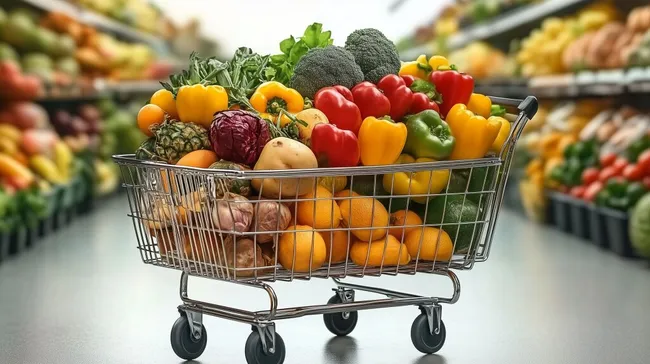 Einkaufswagen voller frischer Gemüsevielfalt im Supermarkt