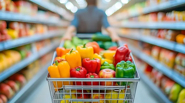 Einkaufswagen voller saisonaler Gemüse und Obst