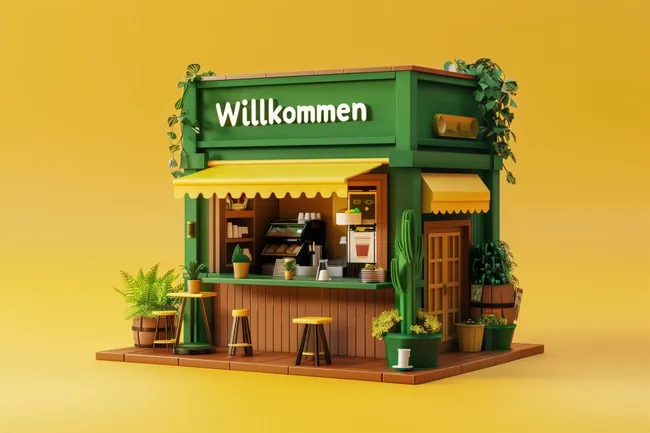 Einladende Café-Fassade in Grün und Gelb