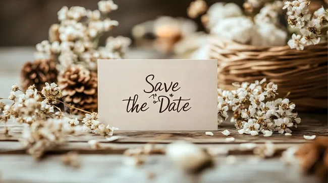 Einladungskarte mit Blumen und Zapfen auf rustikalem Holztisch