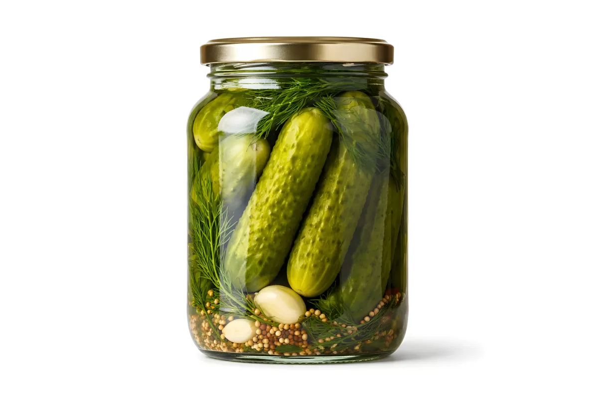 Einmachglas mit Dillgurken und Gewürzen