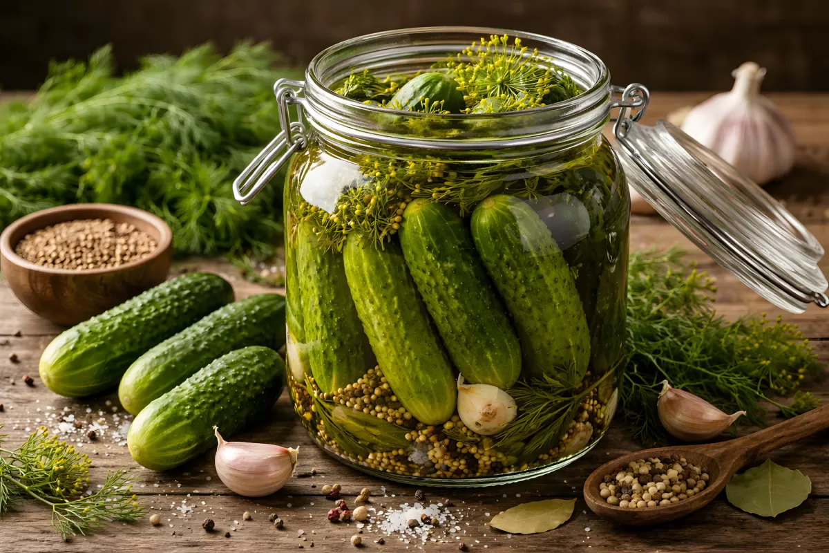 Einmachglas mit Gewürzgurken, Dill und Knoblauch