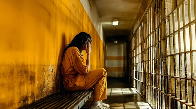 Einsame Frau in verlassenem Gefängnisflur