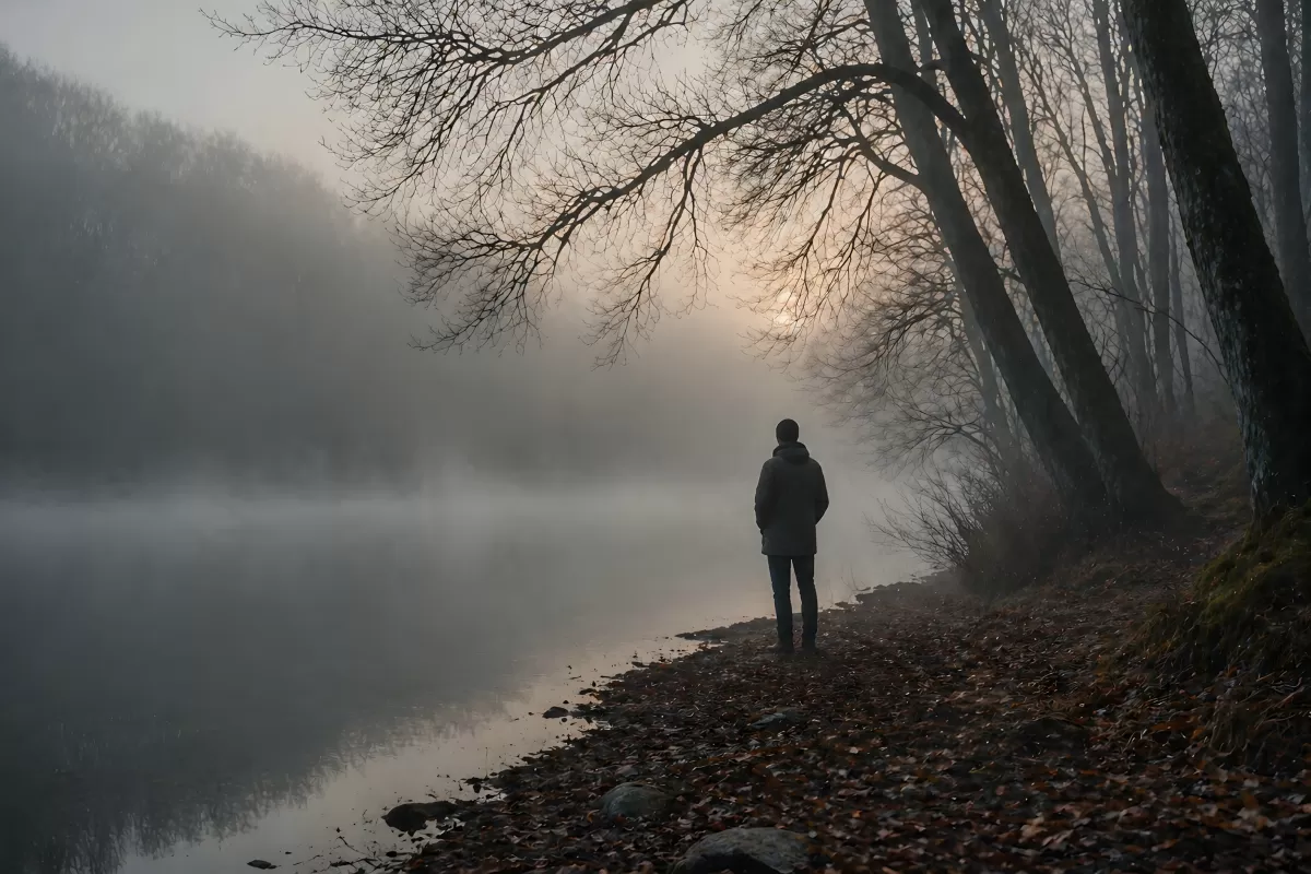 Einsame Gestalt am nebligen Flussufer im Herbst