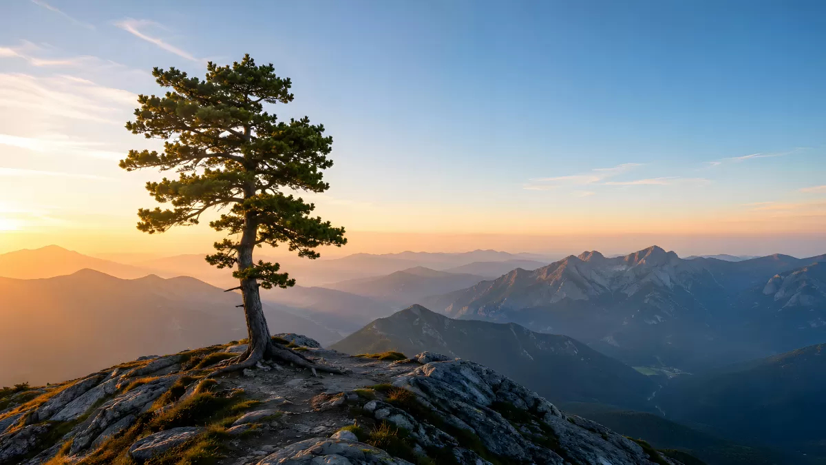 Einsame Kiefer auf Felsgipfel bei Sonnenuntergang