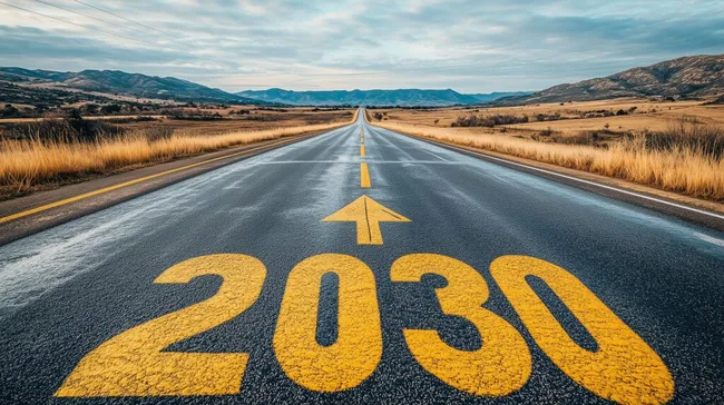 Einsame Landstraße in der Ferne mit Zukunftssymbol 2030