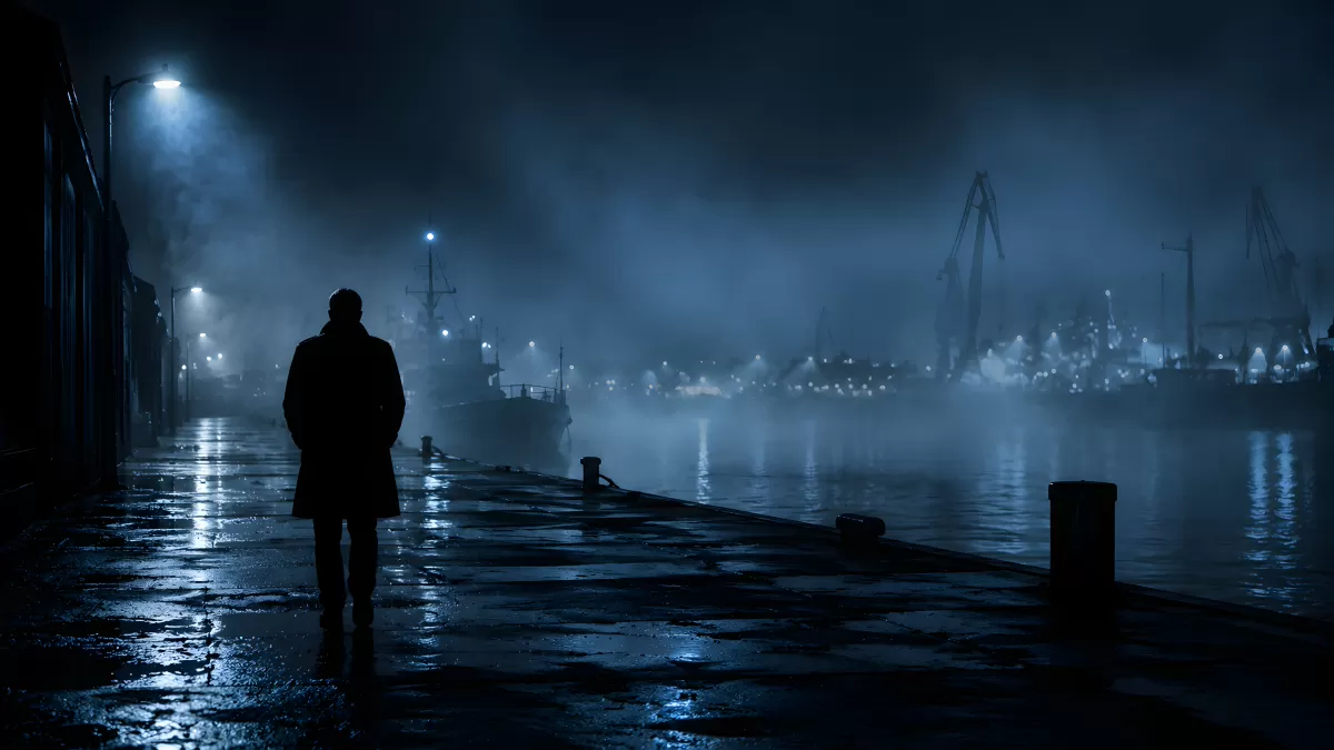 Einsame Silhouette am nebeligen Hafen in der Nacht