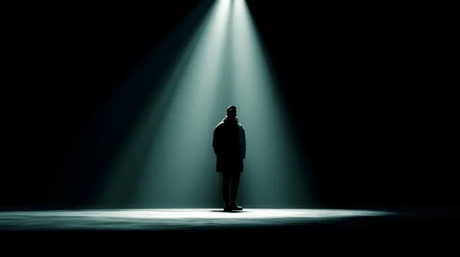 Einsame Silhouette im Scheinwerferlicht auf dunkler Bühne