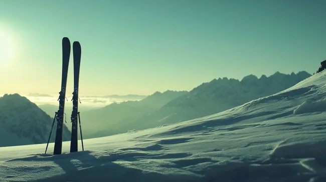 Einsame Skiausrüstung auf verschneiter Bergspitze