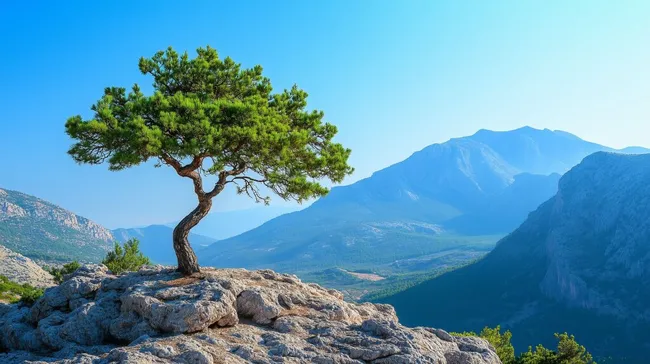 Einsamer Baum auf Felsen mit Bergpanorama