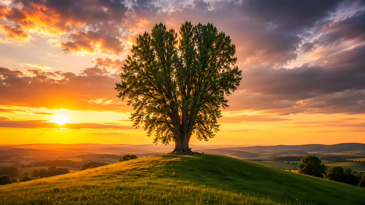 Einsamer Baum auf Hügel im goldenen Sonnenuntergang