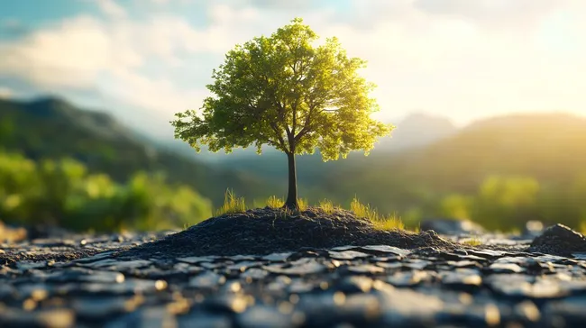 Einsamer Baum auf trockener Landschaft mit Sonnenlicht