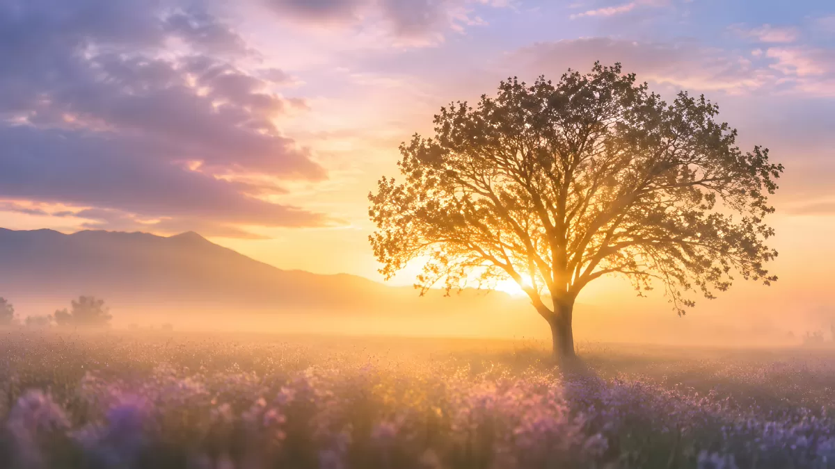 Einsamer Baum im Morgennebel auf Blumenwiese