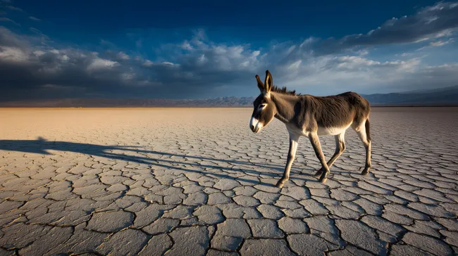 Einsamer Esel in verlassener Wüstenlandschaft