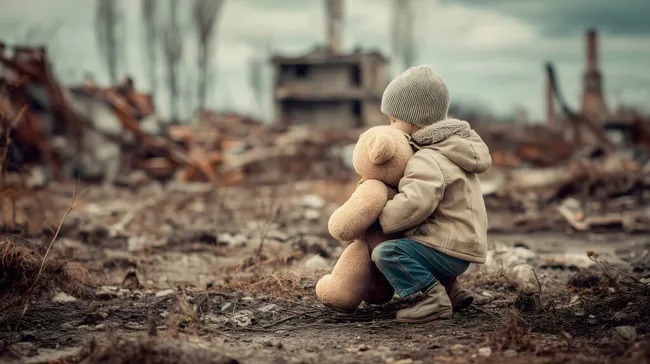 Einsamer Junge mit Kuscheltier in zerstörter Landschaft