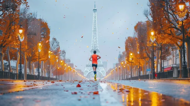Einsamer Läufer in Herbstpariser Straße