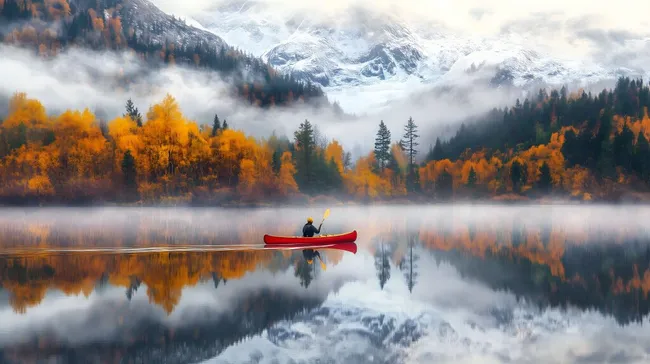 Einsamer Paddler auf herbstlichem Bergsee mit Bergpanorama