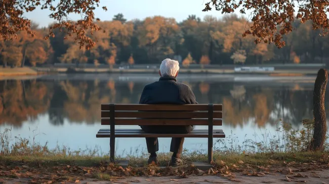 Einsamer Rentner betrachtet Herbstlandschaft am See