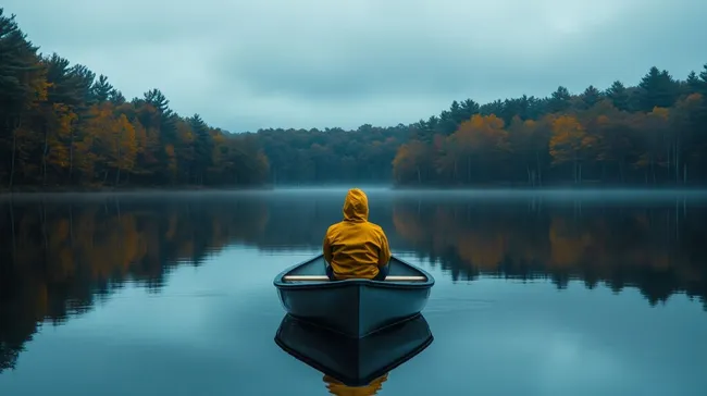 Einsamer Ruderer auf nebligem Herbstsee