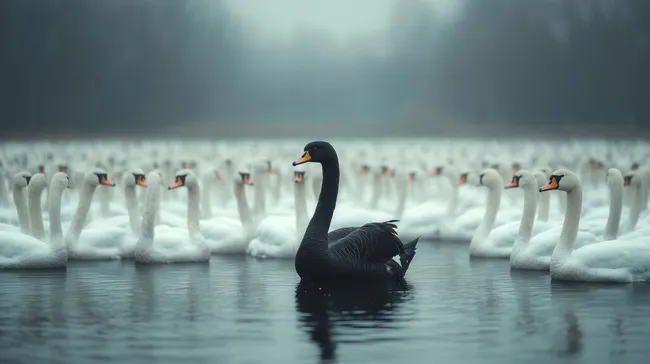 Einsamer schwarzer Schwan unter weißen Schwänen