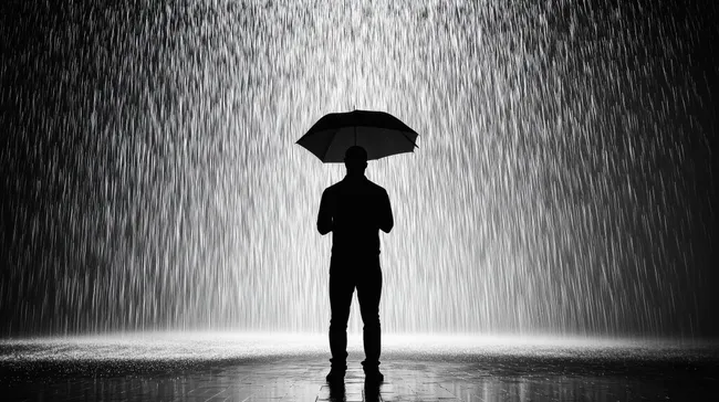 Einsamer Silhouette im Regen mit Regenschirm