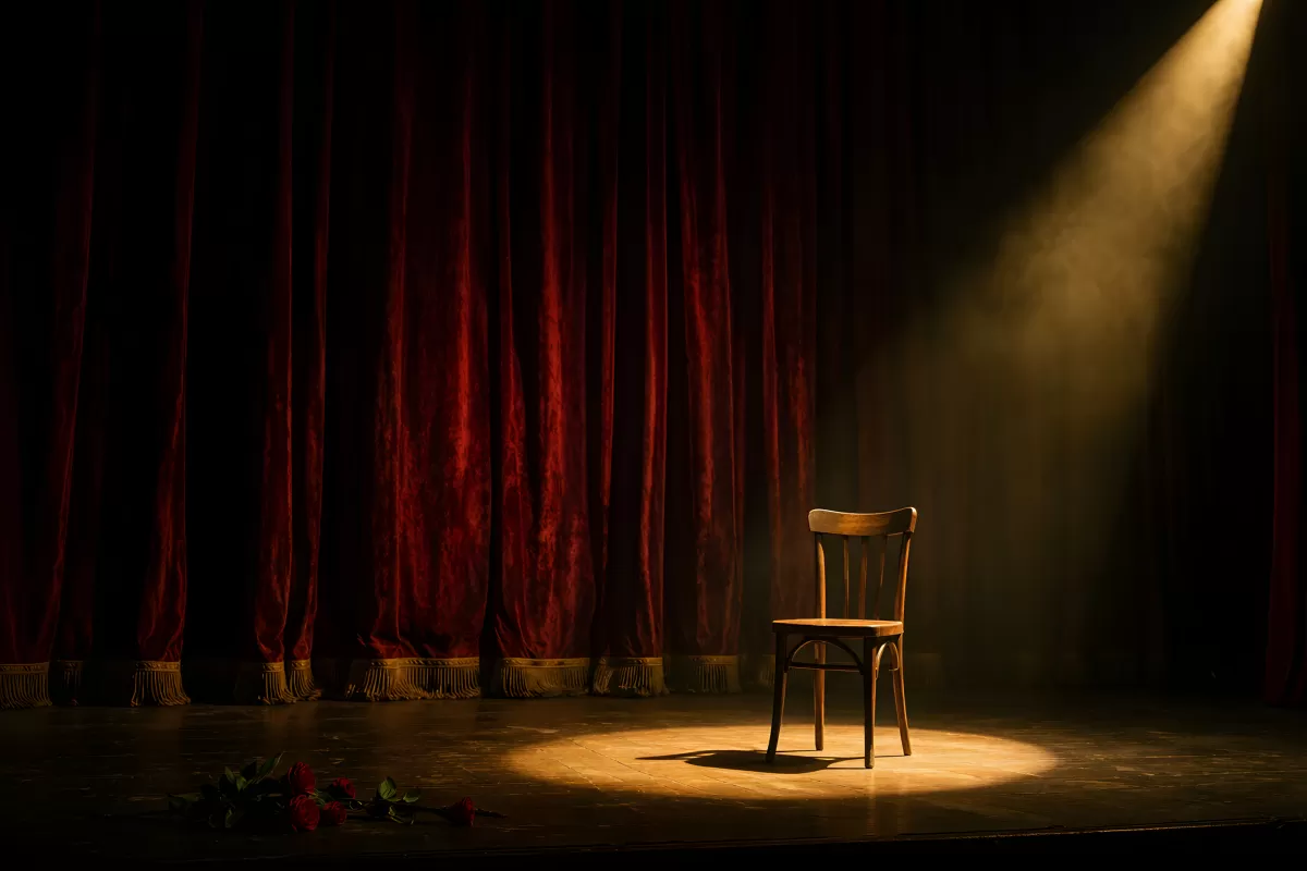 Einsamer Stuhl im Scheinwerferlicht auf der Bühne