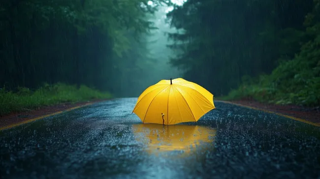 Einsamer Wanderer im Regenwald mit gelbem Regenschirm